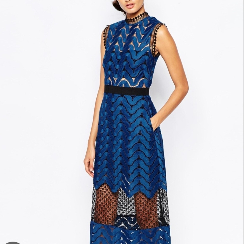 Blue Tiered Backless Midi Dress for Wedding Guest